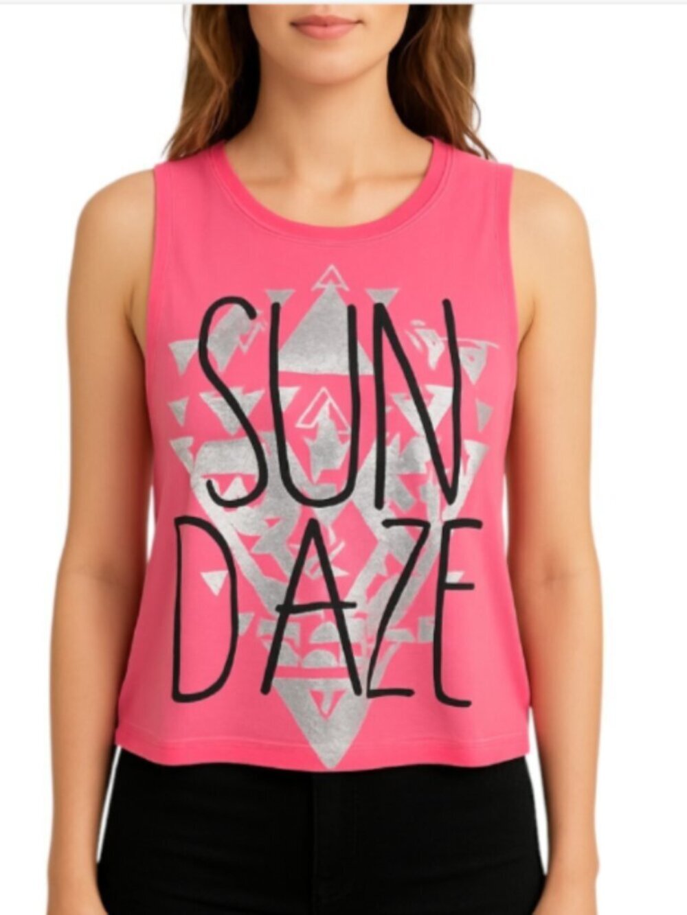 NEW Rebellious One Medium Tee Sun Daze Hot Pink Graphic Shiny Silver Triangle